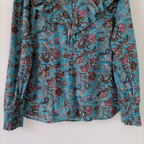 Loft Womens Pacific Blue Paisley Ruffle Mock Neck Button Up Shirt Size Medium - Picture 3 of 6